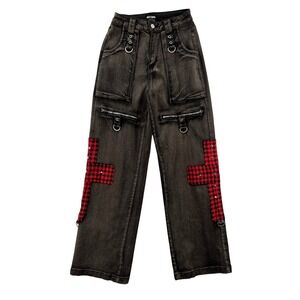 Hot Topic Womens 5 Gray Punk Cargo Jeans Red Plaid Patch D-Ring Mall Goth‎ Emo